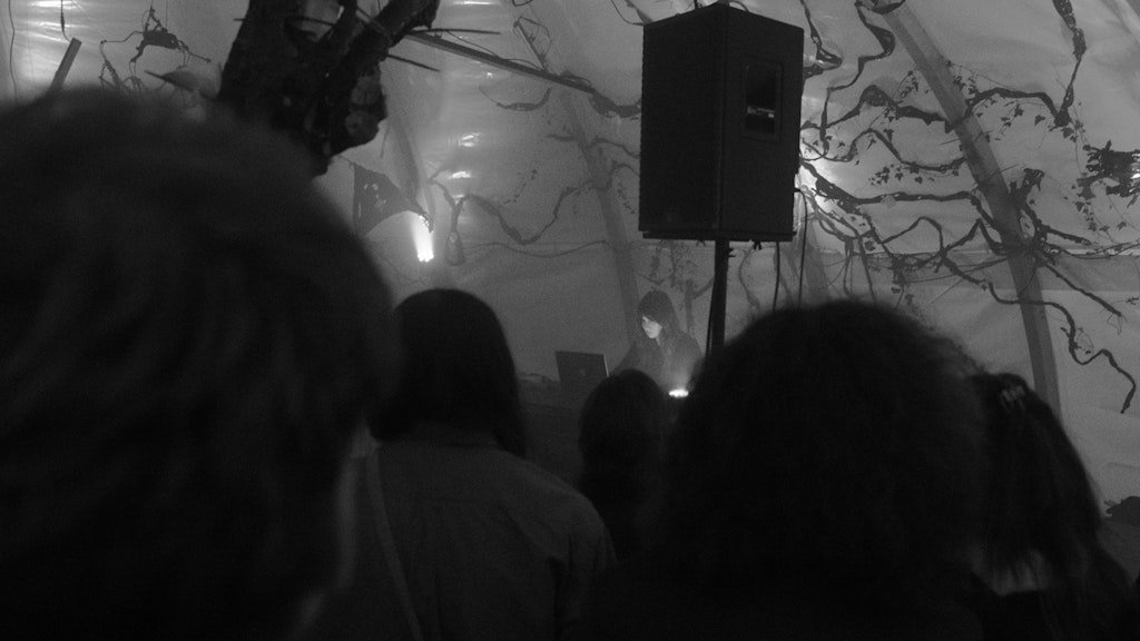 Foto in bianco e nero di un concerto. Lo sguardo attraversa la folla di spettatori in direzione dell'artista sul palco.